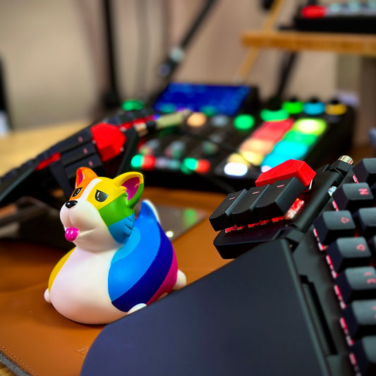 a corgi duck sitting on a desk amidst a fancy split keyboard and some kind of electronic that's out of focus with lots of colored lights